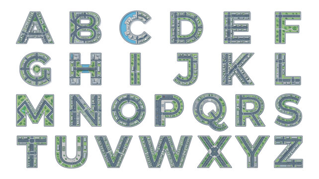 Complete vector alphabet from A to Z illustrated with detailed urban road maps and city planning elements from a top-down perspective.