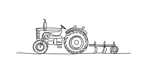 Continuous single line drawing of a farm tractor with a plow attachment Vector, illustration © SMCM Vector