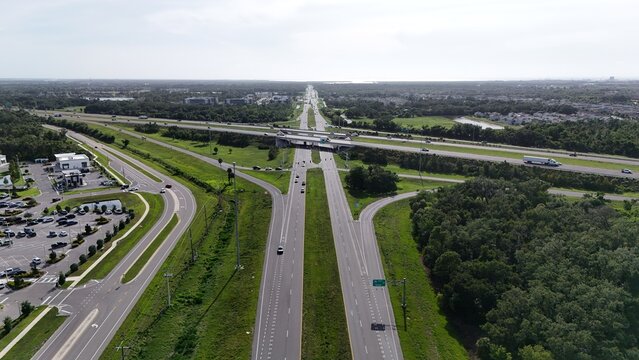 Aerial of the intersection of I75 in Palmetto, Florida and Moccasin Wallow Road looking east to Tampa Bay
