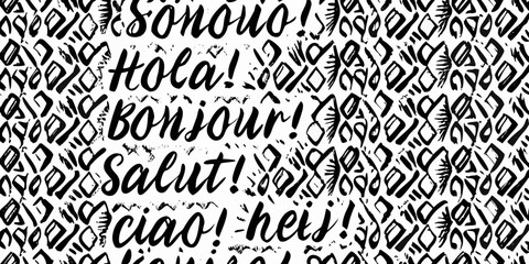 Multilingual Greetings Pattern Black And White Vector Illustration © Sabita