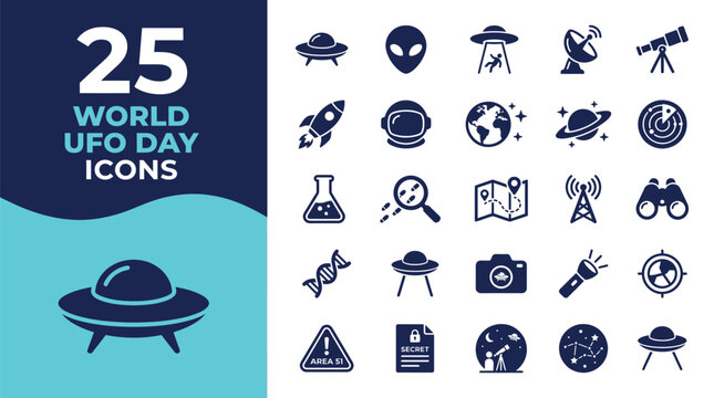 A collection of twenty five flat navy blue vector icons representing world ufo day subjects