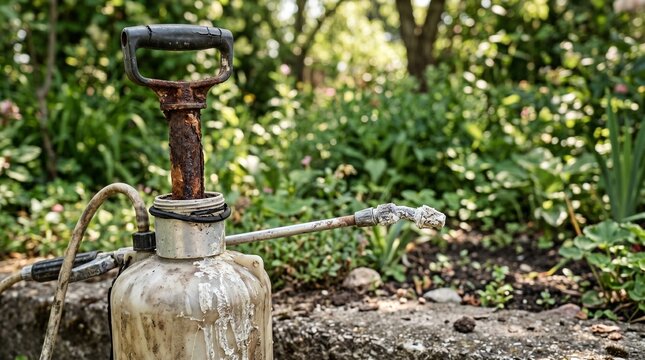 Old garden sprayer and rusty pressure pump on a concrete border in a lush backyard. Ideal for agricultural maintenance, weed control, and vintage gardening tool concepts.