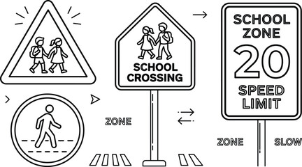 Obraz premium School crossing traffic sign icon set vector outline collection of speed limit zone pedestrian road safety alert elements.