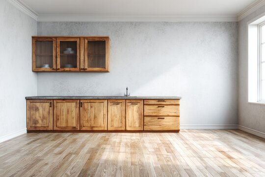 Rustic wooden kitchen cabinets with glass doors stand against a textured wall.