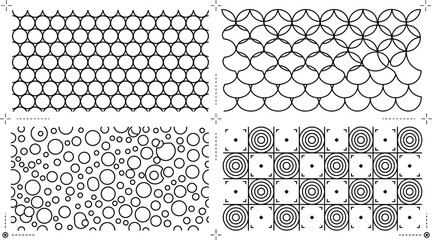 Seamless geometric pattern background icon set vector outline collection of abstract circle fish scale grid texture line art. © MDSAIFUL