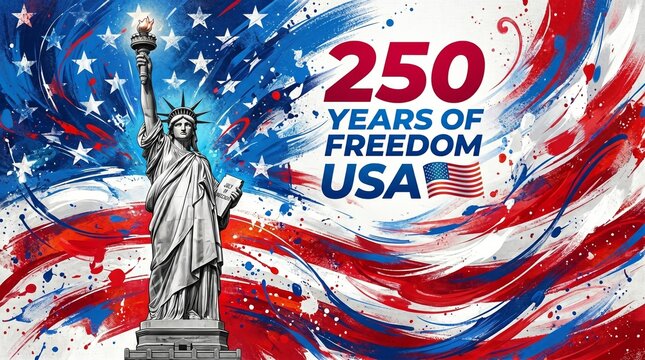 Statue of Liberty with American flag and 250 years of freedom text illustration
