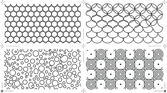 Seamless geometric pattern background icon set vector outline collection of abstract circle fish scale grid texture line art.