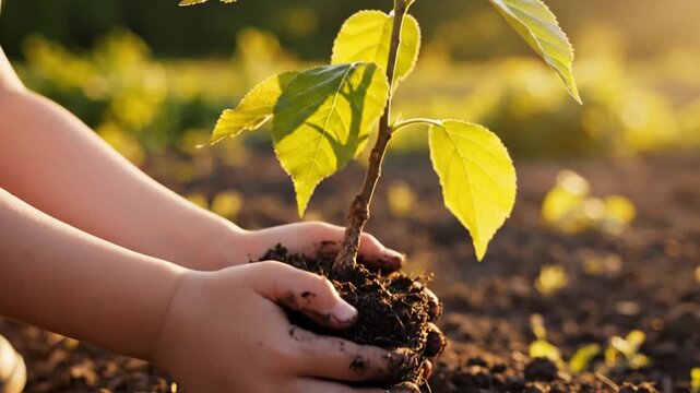 Person planting a sapling in soil with hands in garden outdoors