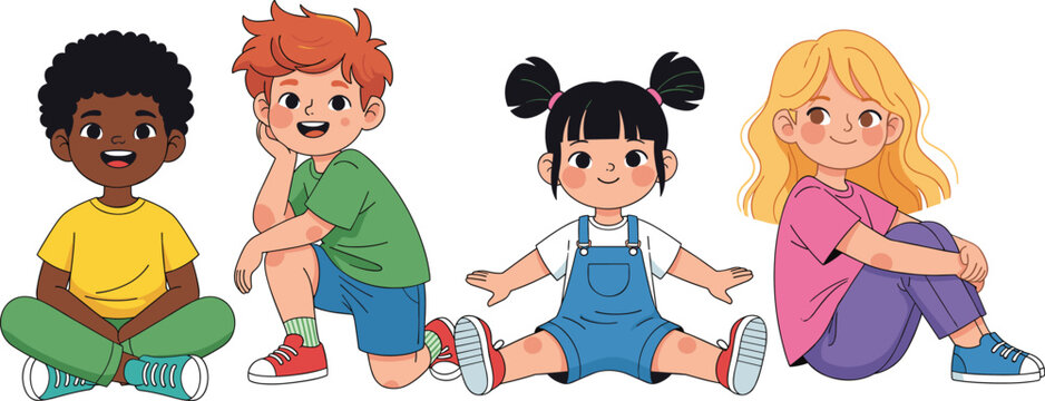 Happy diverse children sitting together illustration, cute kids vector design, childhood friends, school students, learning, friendship, diversity and education concept