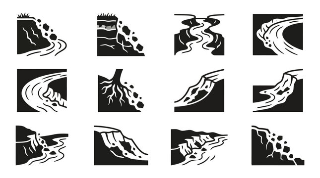 Collection of abstract wave and rock illustrations.