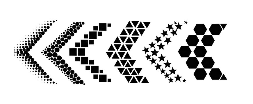Chevron arrows pattern composed of geometric elements like triangles and hexagons, indicating direction or progress