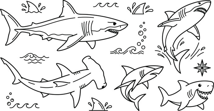 Shark animal icon set vector outline collection of hammerhead great white sea ocean wildlife marine elements.