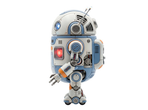 Small friendly futuristic robot featuring a glowing red heart icon on its chest panel with intricate mechanical blue and white metallic plating details plus glowing blue optic lens sensors and articul