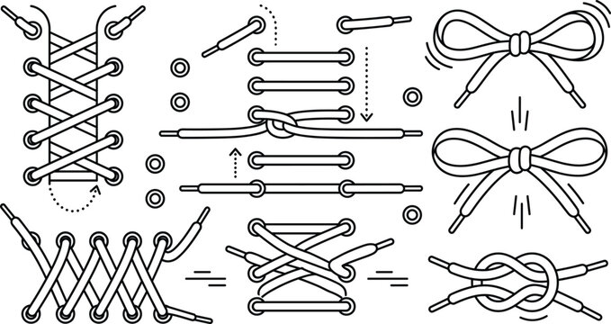 Shoelace lacing method icon set vector outline collection of shoe lace knot bow eyelet sneaker string tutorial guide.