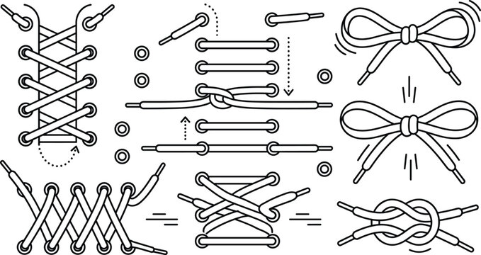 Shoelaces tying icon set vector outline collection of shoe lace knot bow lacing method sneaker string cord element.