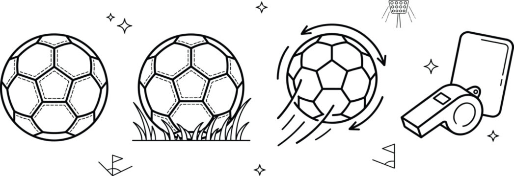 Soccer football sport icon set vector outline collection of ball match referee whistle penalty card grass stadium elements.