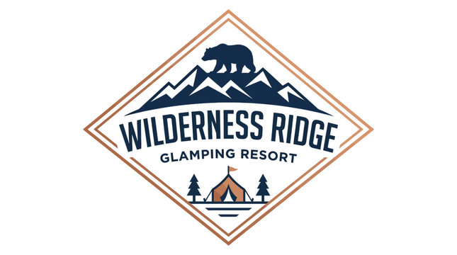 An elegant stylized logo emblem featuring towering mountain peaks, a powerful bear silhouette, and a welcoming glamping tent, ideal for nature retreats and outdoor adventure branding