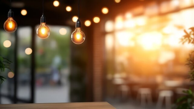 Cozy restaurant interior with hanging edison light bulbs at sunset hour blurred background