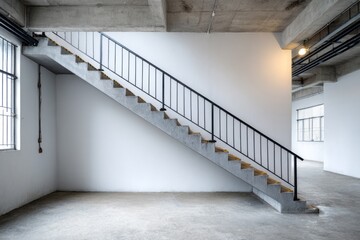 Obraz premium Concrete staircase with black railing ascends inside a modern industrial building.