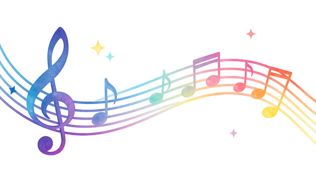 Colorful watercolor music staff with treble clef and notes