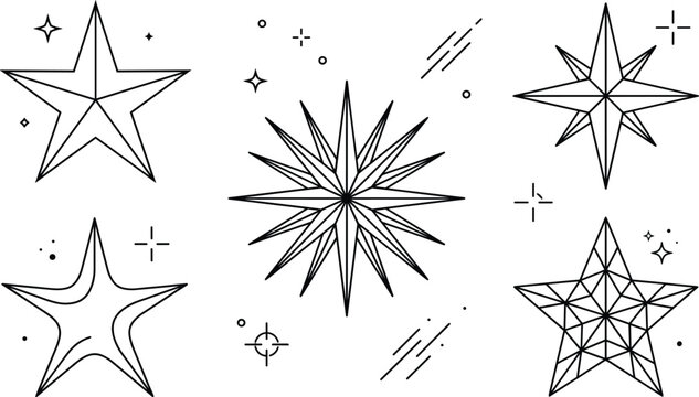 Star and sparkle icon set vector outline collection of celestial starburst geometric low poly North Star holiday decoration elements.