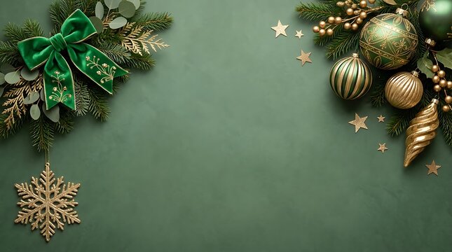 Elegant Christmas holiday background with green velvet bow, gold ornaments, and snowflake on dark green surface with copy space