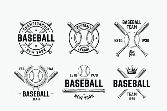 Baseball team logos, vintage sports badges, black and white illustrations, baseball league emblems