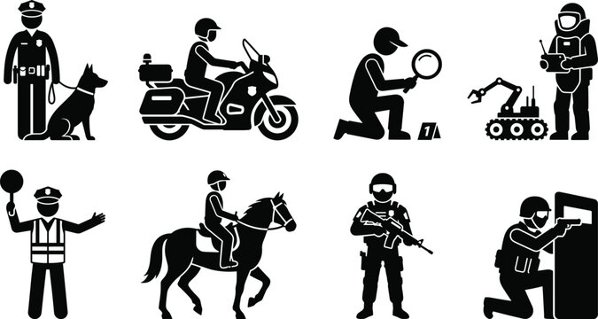 Police and law enforcement stick figure icons set featuring swat officer bomb squad detective k9 unit and traffic control