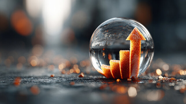 Crystal ball reflecting upward arrow forecasting prediction future growth strategy concept, 3d render illustration