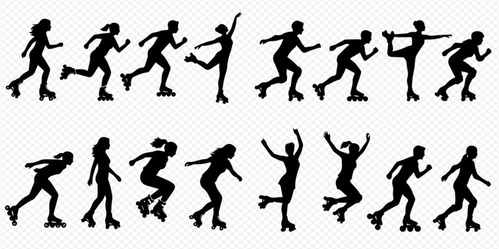 Collection of female roller skater silhouettes in various dynamic poses, showcasing inline skating activity and movement.