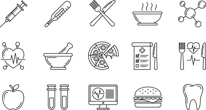 Health and science icon set featuring food, medical tools, molecular structures, heart monitors, and wellness symbols for design projects
