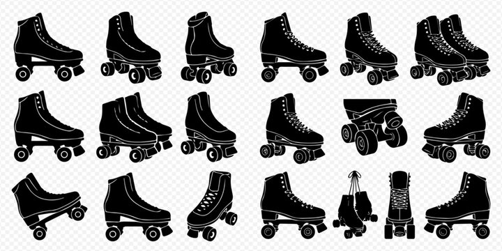 Set of roller skates in various styles and angles, black silhouettes on a transparent background, vintage and modern designs for sport and leisure.