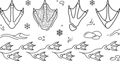 Webbed footprint icon set vector outline collection of duck goose penguin bird track paw print snow winter elements. © MDSAIFUL
