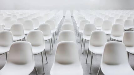 Fototapeta premium Rows of modern empty white chairs arranged for conference meeting room interior design setting