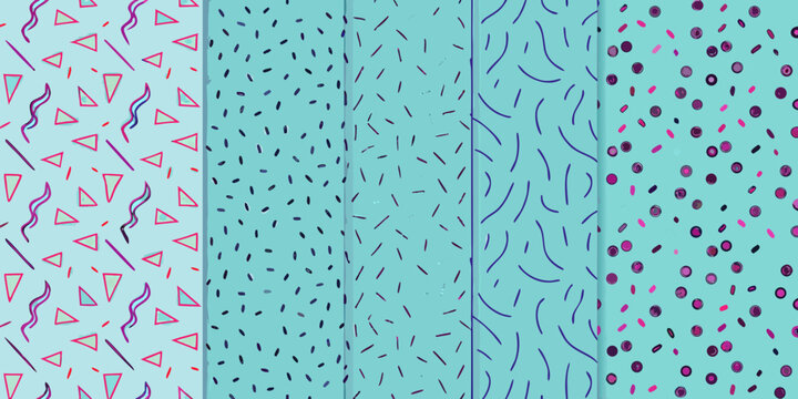 Memphis design elements pattern with geometric shapes and wavy lines