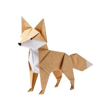 Origami fox made from brown and white paper, isolated on transparent background