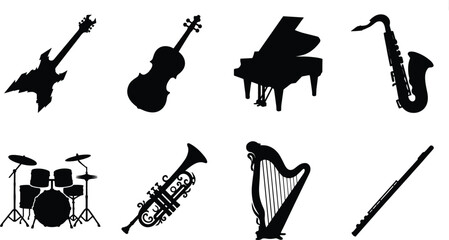 Set of musical instrument black silhouettes featuring electric guitar violin grand piano saxophone drum kit trumpet harp and flute © Rahen