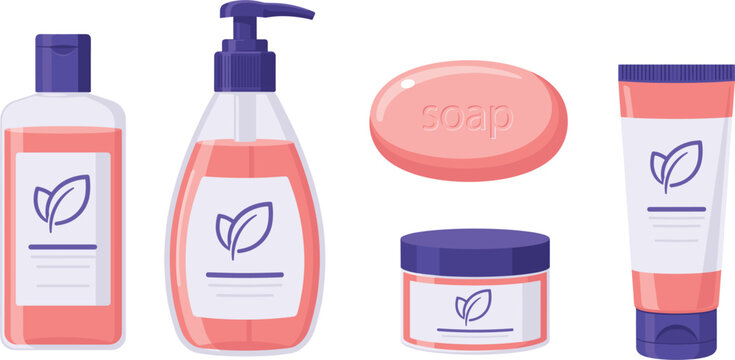 Hygiene products vector set with liquid soap pump, lotion bottle, cream jar, tube and bar