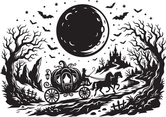 Obraz premium Halloween Pumpkin Carriage Moon Silhouette Scene With Flying Bats And Fantasy Seasonal Elements