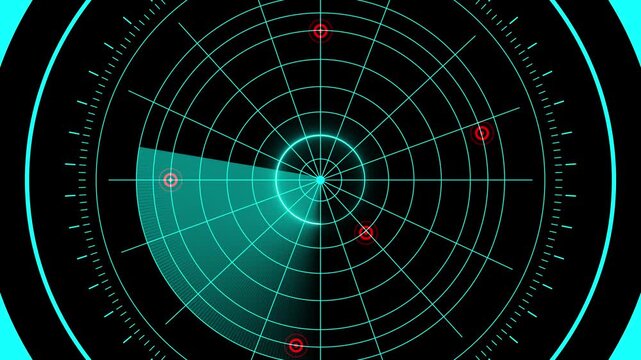 Futuristic radar screen displaying multiple targets. Futuristic sonar and radar tracking display. Digital detection, navigation, and surveillance technology. HUD radar icon animation.
