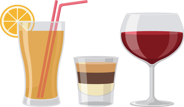 Alcoholic drinks and cocktails vector set, red wine glass with layered shot illustration