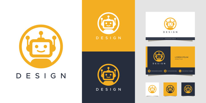 A friendly robot head logo design presented in a circular shape with accompanying "DESIGN" text, showcased on various backgrounds and business card mockups.