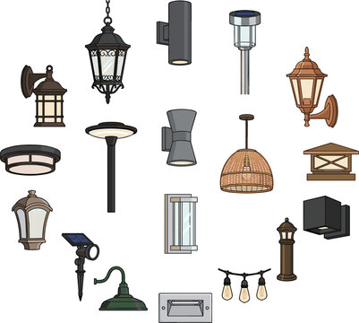Outdoor lighting fixtures vector set, modern garden lamp icons and exterior wall sconces illustration