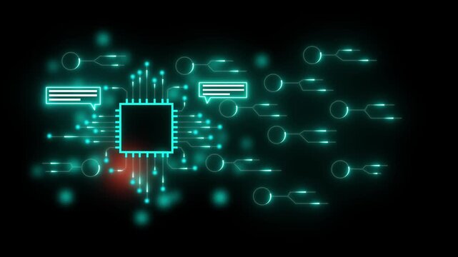 Glowing circuit board icon. Futuristic circuit board with glowing lines and chat bubbles technology chip. Futuristic circuits power chip innovation. Digital networks drive AI intelligence.