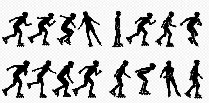 Set of inline roller skater silhouettes in various dynamic poses showing movement and action.