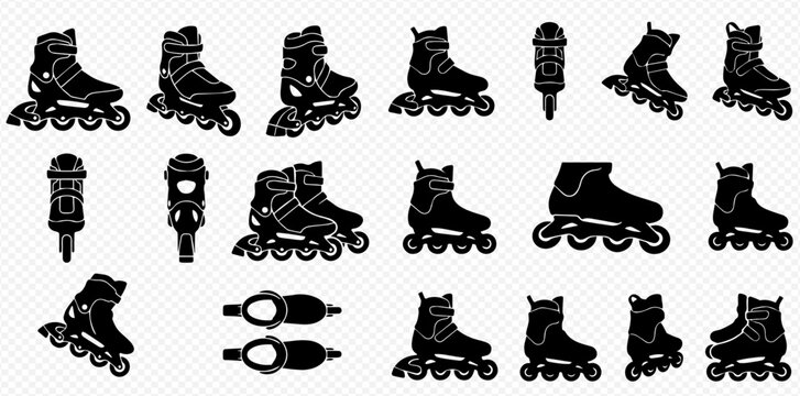 Set of black silhouette roller skates and knee pads, vector illustration of inline skating equipment for sports and recreation.