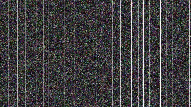 Analog TV screen with static noise and glitch effect. TV shows flickering, no signal, and old switch-off distortion. Retro glitch background with static noise texture overlay.