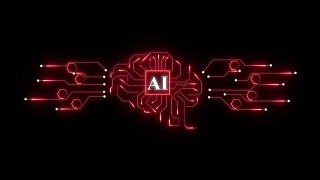 Glowing red artificial intelligence circuit brain network connections data flow abstract