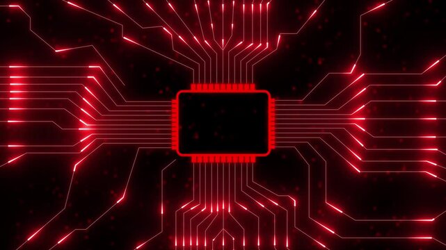 Futuristic digital circuit board, central processor technology. Circuit board with processor chip and digital network. Futuristic technology system and AI communication concept.