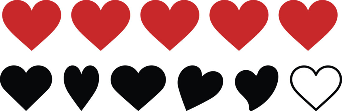 Heart icon set, red and black heart shapes collection for Valentine's Day and wedding design